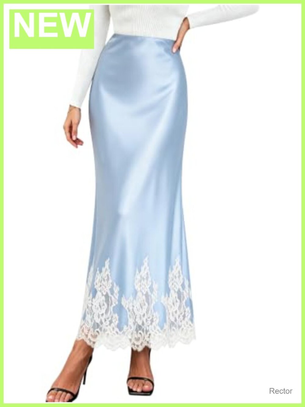 Satin Maxi Skirt High Waist Mermaid Lace Trim Silky Long